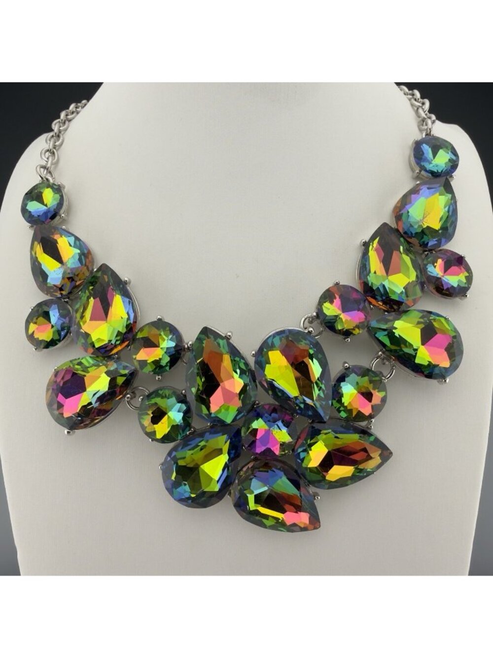 Rainbow Glass Statement Necklace Floral Iridescent Chunky Bib Colorful 20” Bling